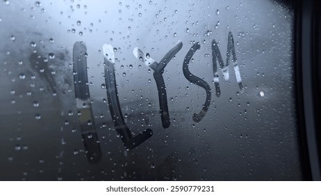 East Java, Indonesia - December 14, 2024 : ILYSM(I Love You So Much) writing on car window when it rains in Malang 14, December 2024