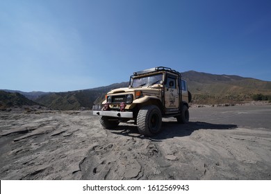 East Java, Indonesia - Sept 19 2019: Toyota Land Cruiser as tourist attraction and for transportation to the Mount Bromo, East Java Indonesia