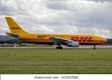 East Midlands Airport (EMA), England, 26th September 2019, DHL cargo aircraft, D-AEAK - 007, an Airbus A300 taxiing down to the DHL hanger.