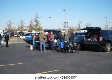 East Rutherford, New Jersey - November 2016: New York Jets Fans Tailgate Outside Metlife Stadium Before Sunday Football Game To Cheer For Favorite Team.