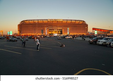 East Rutherford, New Jersey - November 2016: Metlife Stadium At Sunset Golden Hour Before New York Jets Football Game As Fans Tailgate Before Enter Arena