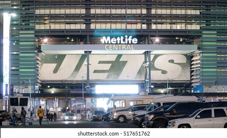 East Rutherford, New Jersey - November 2016: Metlife Stadium Entrance At Night. New York Jets American Football Team Plays Evening Game, Fans Buy Tickets To Watch And Cheer Favorite Sports Players