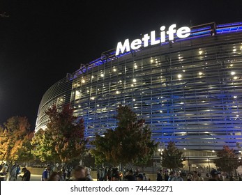 EAST RUTHERFORD, NEW JERSEY - OCTOBER 22 , 2017: MetLife Stadium exterior view at night NX - home for New York Giants and Jets. Eli Manning, Odell Beckham Jr. play here.