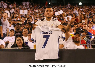 EAST RUTHERFORD, NJ - JULY 26, 2019: Real Madrid Soccer Fans At The MetLife Stadium During The 2019 International Champions Cup Match Real Madrid Against Atletico De Madrid. Real Madrid Lost 3-7 