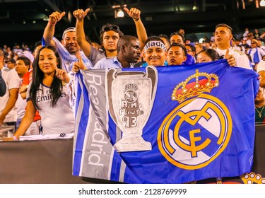 EAST RUTHERFORD, NJ - JULY 26, 2019: Real Madrid Soccer Fans At The MetLife Stadium During The 2019 International Champions Cup Match Real Madrid Against Atletico De Madrid. Real Madrid Lost 3-7 