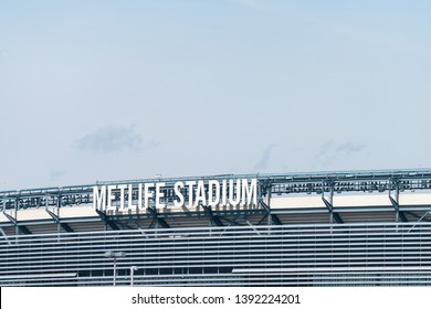 East Rutherford, USA - April 6, 2018: Closeup Of Sign For Metlife Stadium Exterior Of Building In New Jersey