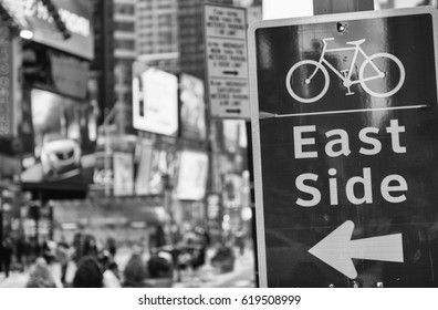 East Side Bike Path Sign In Times Square, New York City.