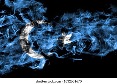 East Turkestan, Uyghurs, Uyghur Smoke Flag Isolated On Black Background


