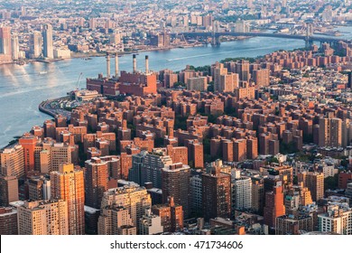 East Village In Manhattan, Peter Cooper Village. Brooklyn Skyline Arial View From New York City With Williamsburg Bridge Over East River And Skyscrapers