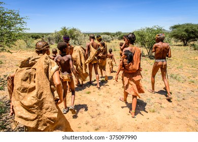EAST OF WINDHOEK, NAMIBIA - JAN 3, 2016: Unidentified bushmen family. Bushmen people are members of various indigenous hunter-gatherer people of Southern Africa
