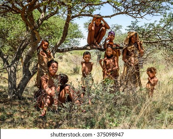 EAST OF WINDHOEK, NAMIBIA - JAN 3, 2016: Unidentified bushman family. Bushman people are members of various indigenous hunter-gatherer people of Southern Africa