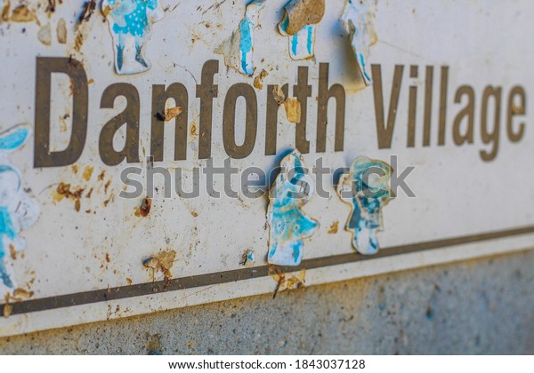 East York, Ontario, Canada\
- October 28, 2020: Sign of Danforth Village on Danforth Avenue,\
Toronto. 