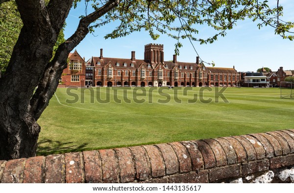 Eastbourne College, East Sussex, England.\
The main building and cricket grounds of the co-educational\
independent private school on the UK south\
coast.