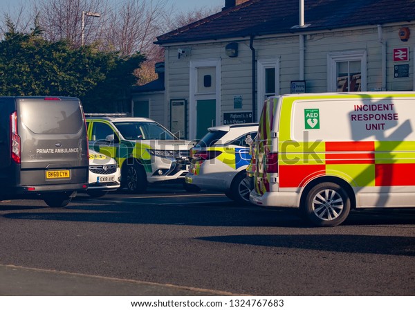Eastbourne Sussex, UK; 23rd Feb 2019 Emergency\
services were called to Hampden Park railway station after a person\
was hit by a train.