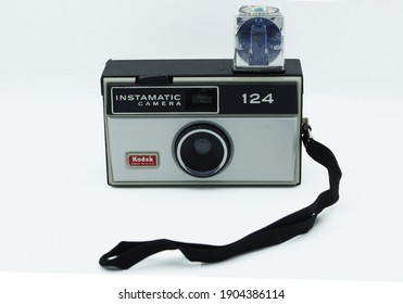 Eastchester New York - January 18, 2021. A Kodak instamatic 124 camera. The camera was produced between 1968-1971, has a two-speed shutter and uses flashcubes for low light photography