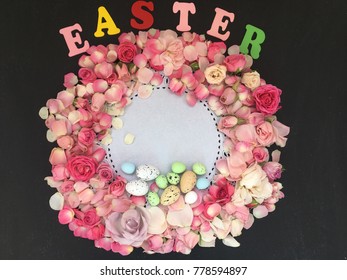 Easter 2018. flower petals for easter and spring wallpaper. pink flower easter wreath on black background - Powered by Shutterstock