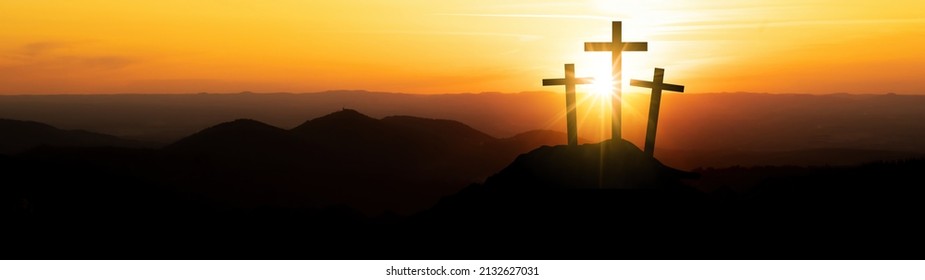 Easter background banner panorama religious greeting card Crucifixion and Resurrection. Three crosses of Golgotha by sunset.  - Shutterstock ID 2132627031