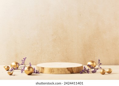 Easter background concept. Empty round wooden podium, golden easter eggs with spring flowers on a beige background
