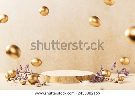 Easter background concept. Empty round wooden podium, golden easter eggs with spring flowers on a beige background