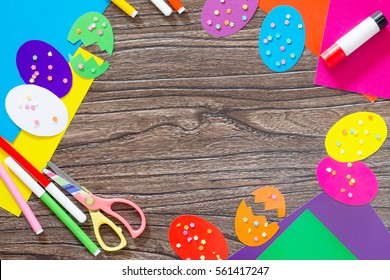 Easter Background Creative Craft. Easter Greeting Card Easter Eggs And Confetti On A Wooden Table. Copy Space. Children's Art Project, Needlework, Crafts For Children. Craft For Kids.