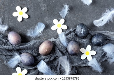 Easter background with Easter eggs and feathers
