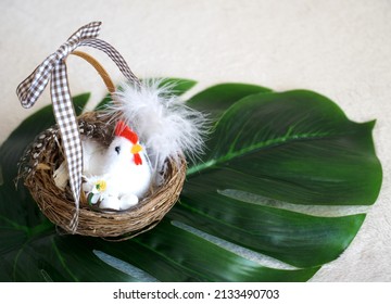 Easter Background With Little Cute Little Fake Chicken And Eggs In Easter Basket