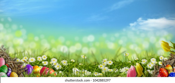 Easter background - meadow with Easter eggs
