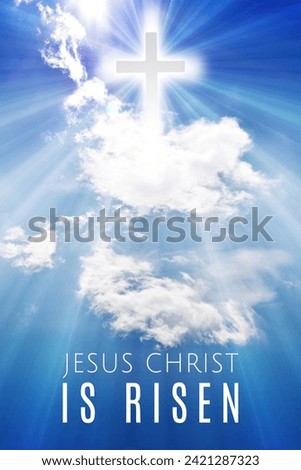 Easter background with a shining cross on blue sky with white clouds and lightbeam.