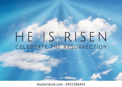 Easter background with the text 'He is Risen' and a shining cross on blue sky with lightbeam.