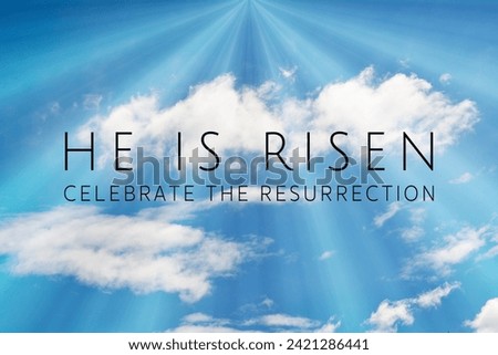 Easter background with the text 'He is Risen' and a shining cross on blue sky with lightbeam.