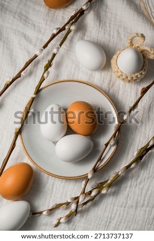Easter background. Willow branches, white eggs in a plate. Spring time. Minimalistic top view
