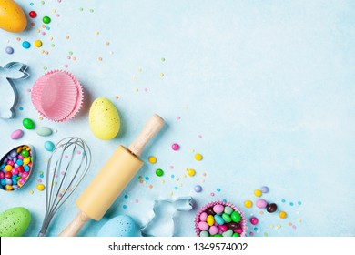 Easter Baking Background With Kitchen Tools For Holiday Sweet Bakery Top View. Flat Lay.