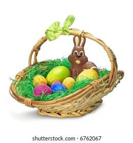 Easter Basket With Chocolate Bunny And Eggs