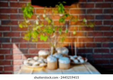 Easter blurred background composition. Happy Easter holiday defocused background. Easter hunt. Spring holiday at Sunday. Eastertide and Eastertime. Good Friday.