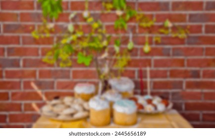 Easter blurred background composition. Happy Easter holiday defocused background. Easter hunt. Spring holiday at Sunday. Eastertide and Eastertime. Good Friday. Easter celebration.