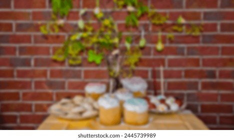 Easter blurred background composition. Happy Easter holiday defocused background. Easter hunt. Spring holiday at Sunday. Eastertide and Eastertime. Good Friday. Easter traditions.