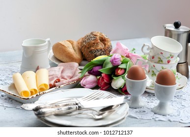 Easter Breakfast, High Tea, Table Setting For A Festive Dinner