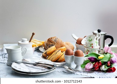 Easter Breakfast, High Tea, Table Setting For A Festive Dinner