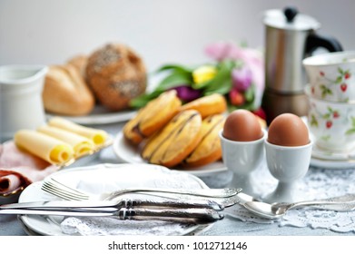 Easter Breakfast, High Tea, Table Setting For A Festive Dinner