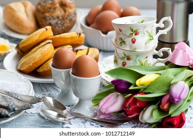 Easter Breakfast, High Tea, Table Setting For A Festive Dinner