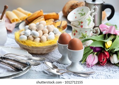 Easter Breakfast, High Tea, Table Setting For A Festive Dinner