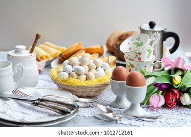 Easter Breakfast, High Tea, Table Setting For A Festive Dinner