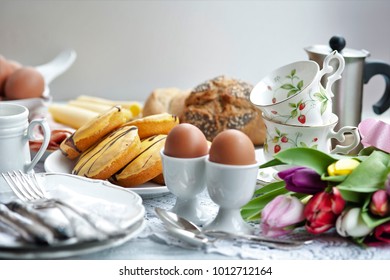 Easter Breakfast, High Tea, Table Setting For A Festive Dinner