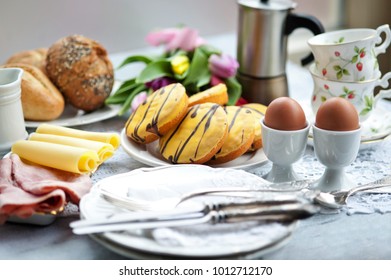 Easter Breakfast, High Tea, Table Setting For A Festive Dinner