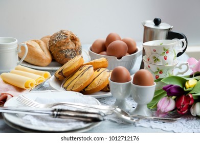 Easter Breakfast, High Tea, Table Setting For A Festive Dinner