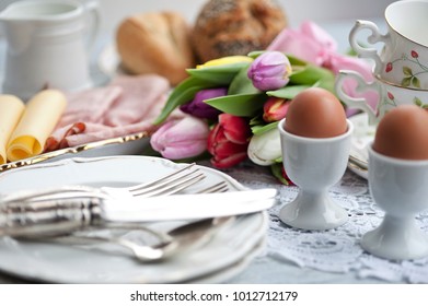 Easter Breakfast, High Tea, Table Setting For A Festive Dinner