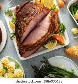 Easter Brunch With Spiral Cut Ham, Asparagus And Roasted Salmon Overhead Shot