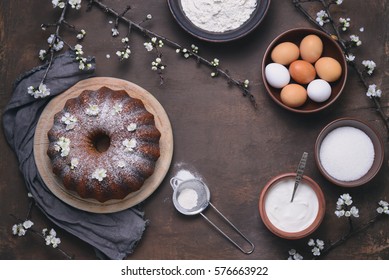 Easter Bundt Cake Recipe Concept, Space For A Text, View From Above