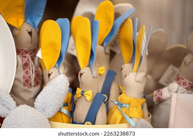 Easter bunnies soft toy. Ukrainian Bunny. House decor, cozy handmade toys.