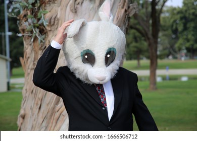 Easter Bunny. Business Man Wearing A Giant White Rabbit Head Stands With An Easter Basket Against A Tree. The Easter Bunny Is Loved World Wide And Is Fun For All Ages. Hop On Down To The Easter Party.